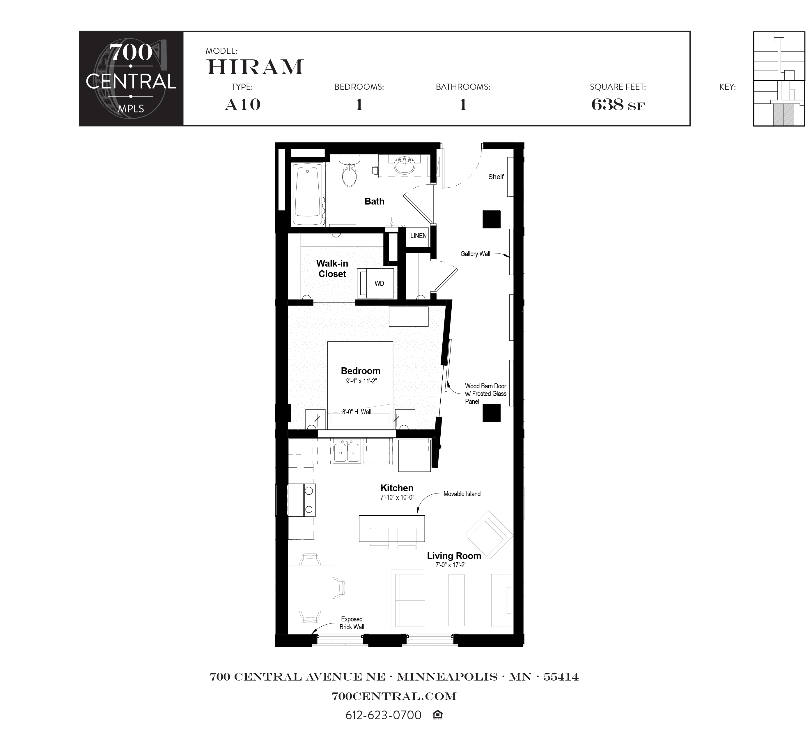 Floor plan for 1 bed, 1 bath, 638 sqft